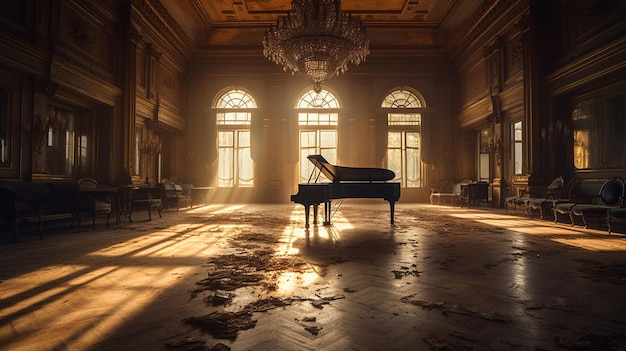 Un piano dans une pièce vide avec un lustre suspendu au plafond.