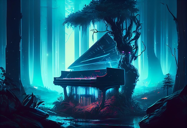 Piano debout dans la forêt de la jungle dans le style avatar avec éclairage aux néons Elysium concept musical du piano dans le fond de la scène naturelle Illustration de haute qualité
