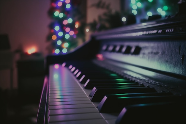 Un piano devant un sapin de Noël