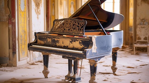 Un piano est assis dans une pièce avec le mot piano sur le devant.