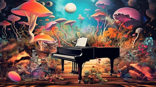 Un piano est entouré de champignons et d'un fond bleu.