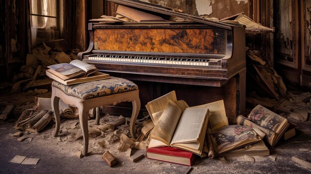 Un piano est entouré de débris et de livres.