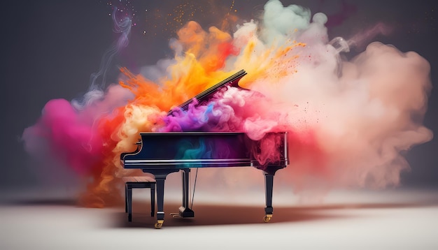 Le piano fume avec une fumée multicolore.