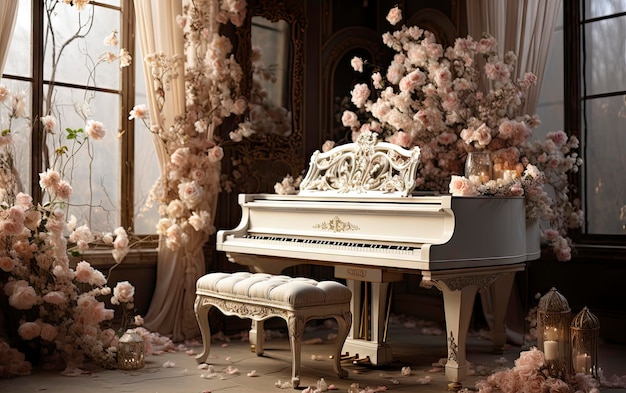 Photo un piano avec un piano et des fleurs en arrière-plan