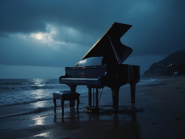 Photo un piano sur la plage est dans le noir