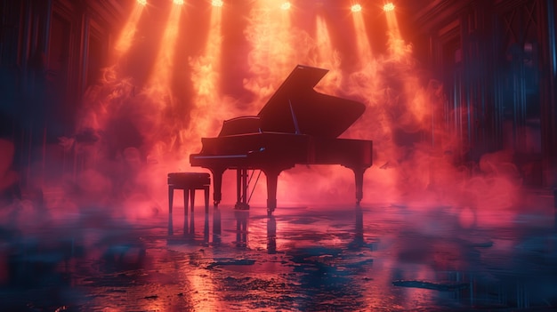 Un piano à queue ardent avec un éclairage spectaculaire