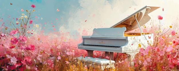 Piano à queue blanc dans le champ avec des fleurs roses
