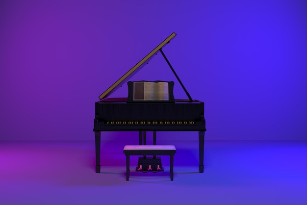 Piano à queue sur fond néon