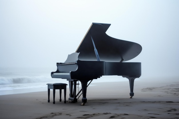 Piano à queue sur une plage de sable avec une toile de fond brumeuse