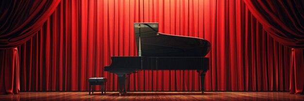 un piano à queue de style ancien est assis devant des rideaux rouges