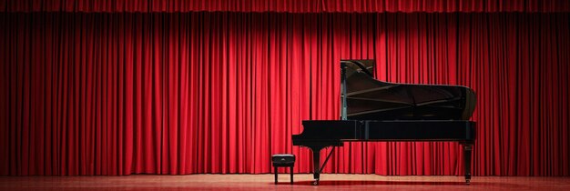 un piano à queue de style ancien est assis devant des rideaux rouges