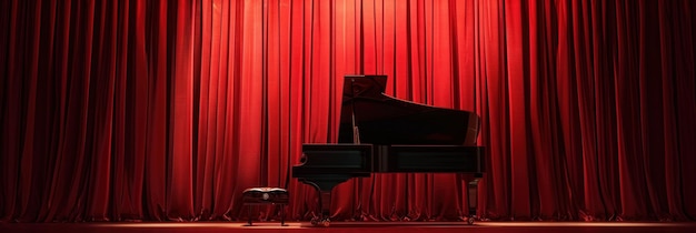 un piano à queue de style ancien est assis devant des rideaux rouges