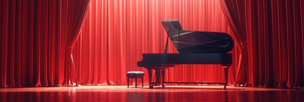 un piano à queue de style ancien est assis devant des rideaux rouges