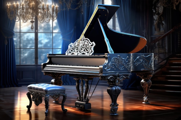 Piano à queue vintage dans la salle de bal du palais classique