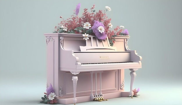 Un piano rose avec un bouquet de fleurs au milieu.