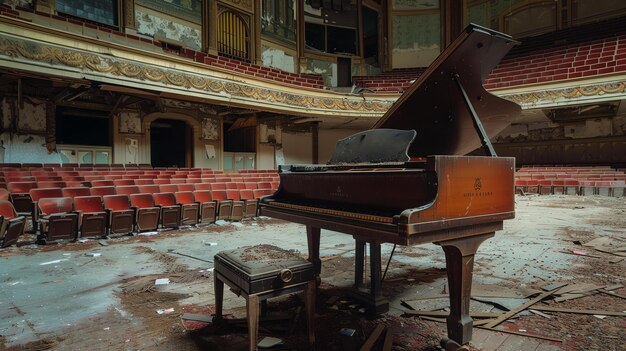 Photo un piano solitaire est assis sur une scène dans un théâtre abandonné. le théâtre est en ruine avec des sièges cassés et un sol poussiéreux.