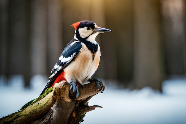 Un pic est assis sur une branche dans la neige.