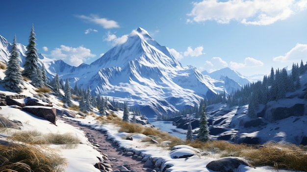 Photo pic de montagne recouvert de neige et sentier d'arbres à côté d'une forêt brumeuse