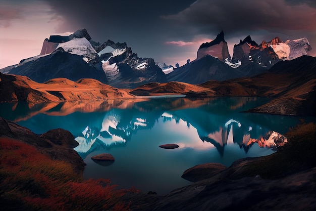 Pic de montagne reflété dans l'IA générative de l'eau d'un étang tranquille