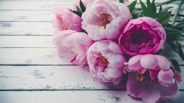 Photo pic des peonies roses époustouflantes sur un fond en bois rustique blanc une brume vintage