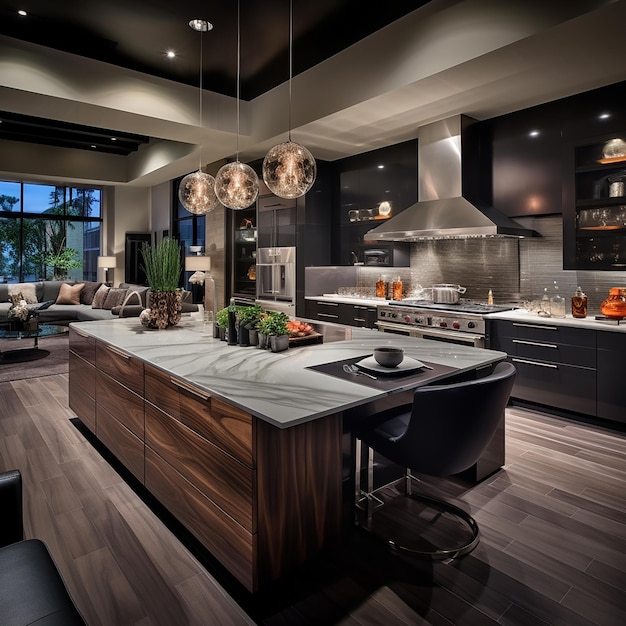 Pic rendu en 3D de la conception intérieure de luxe de la cuisine dans l'arrière-plan abstrait