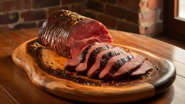 Photo picanha brésilien de bœuf cru sur une planche à couper en résine de bois avec des épices