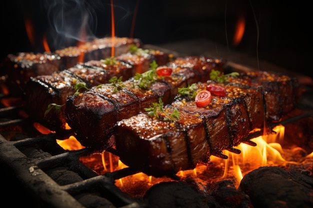 Picanha doré tourne sur les flammes lors d'une fête en plein air IA générative