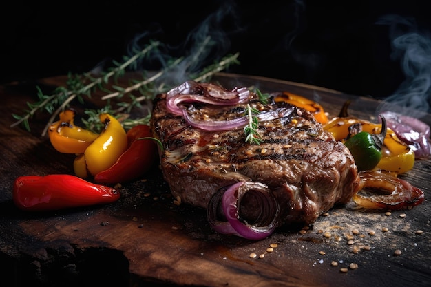 Picanha grillée avec oignons et poivrons juteux et savoureux IA génératif