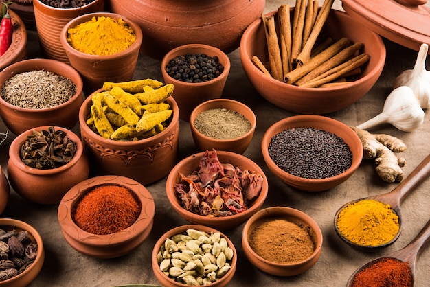 Épices essentielles indiennes dans des pots en terre cuite disposés sur fond texturé, mise au point sélective
