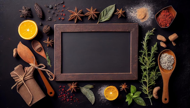 Épices et herbes sur fond sombre Fond de nourriture Vue de dessus AI générative