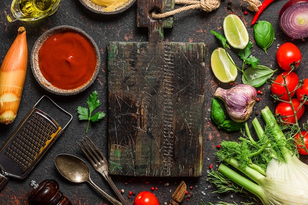 Épices, herbes et légumes frais avec planche à découper et ustensiles sur tableau noir