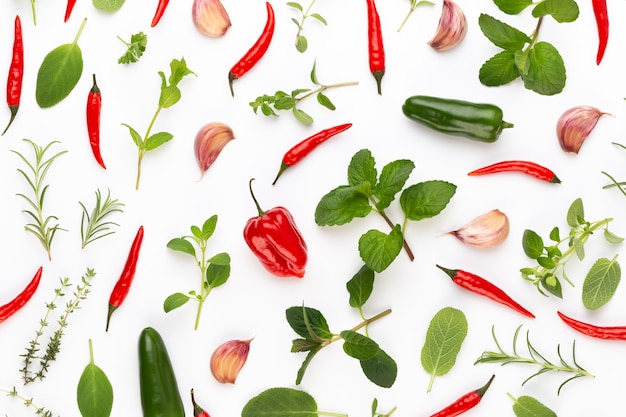 Épicez les feuilles d'herbes et le piment sur un espace blanc. Motif de légumes. Floral et légumes sur espace blanc. Vue de dessus, mise à plat.