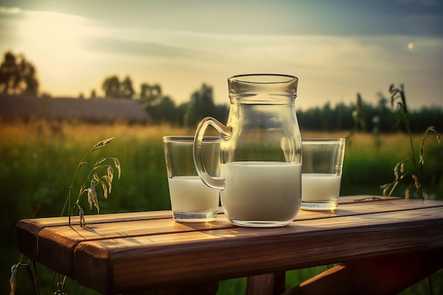 Pichet et deux verres de lait sur la table en bois à la campagne à la lumière du matin Journée du lait