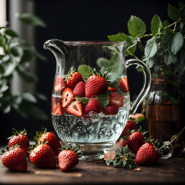 Pichet d'eau avec fraises et feuilles