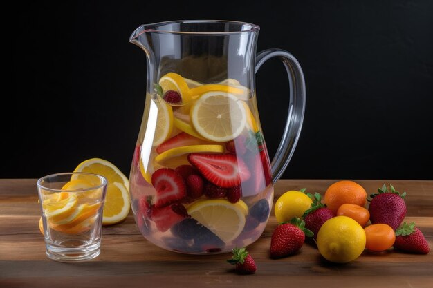 Un pichet d'eau infusée de fruits prêt à être versé dans des verres créés avec l'IA générative