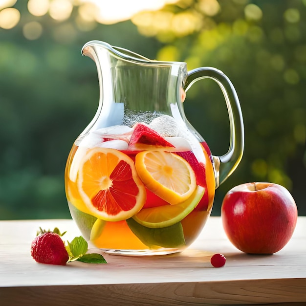 Un pichet de fruits est à côté d'une pomme rouge.