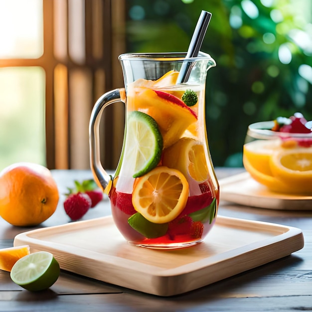 Un pichet de fruits et un verre de jus avec une paille.