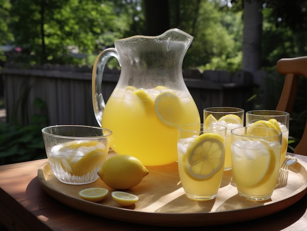 Un pichet de limonade est posé sur un plateau avec des verres et des citrons.