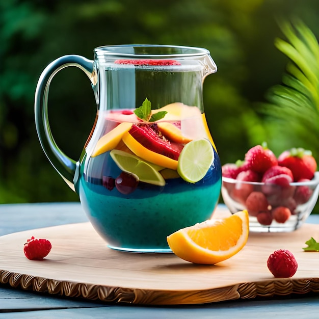 Un pichet de liquide bleu avec un bol de fruits à côté.