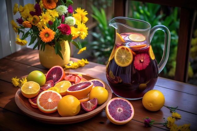 Un pichet de sangria à côté d'un pichet d'oranges et d'un bouquet de fleurs.