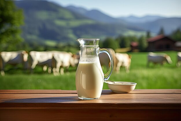 Pichet en verre avec du lait frais sur une table en bois sur fond de vallée verdoyante