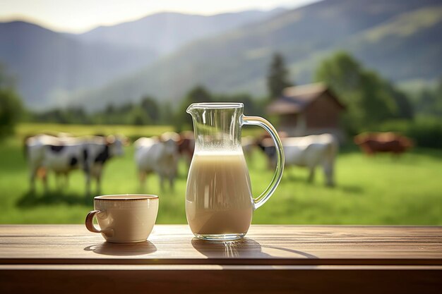 Photo pichet en verre avec du lait frais sur une table en bois