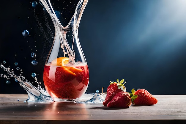 Un pichet en verre avec une fraise dedans et un verre d'eau à droite.