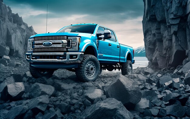 le pick-up Ford 250 tours conduisant sur des rochers dans le style du cyan et du noir