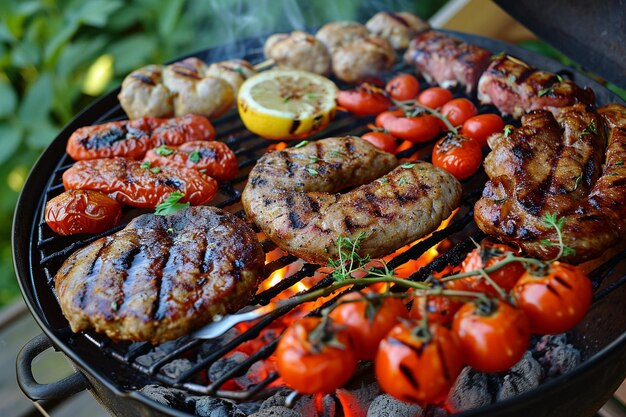 Photo picnic au barbecue avec divers types de viande