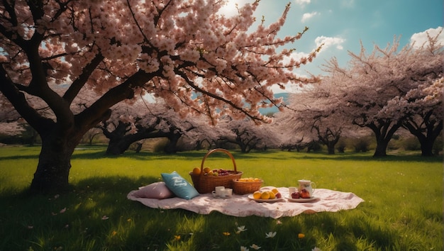 Picnic de fleurs de printemps en été