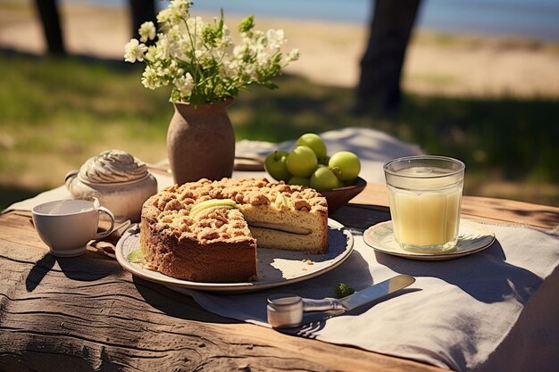 Picnic en plein air avec un gâteau fait maison