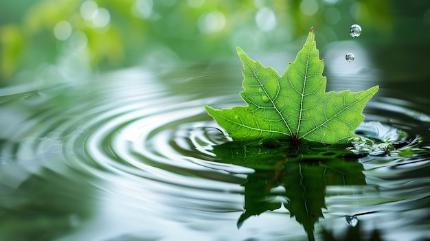 Un pictural harmonieux émane par des gouttes d'eau sur un étang isolé et une feuille verte tombant d'un arbre beau étang et l'espace IA générative