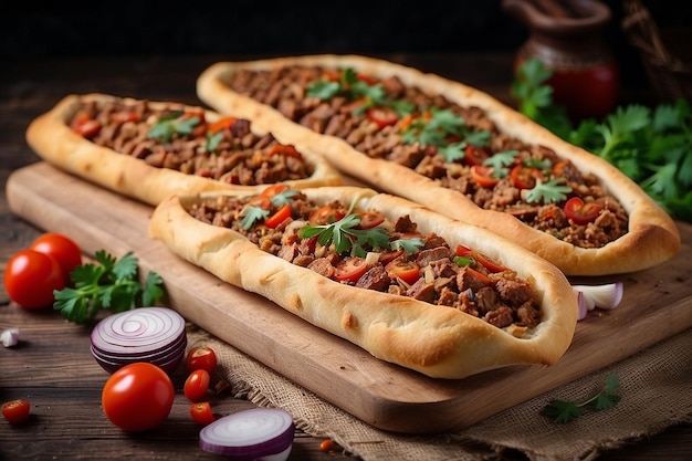 Photo pide turc traditionnel avec de la viande farcie