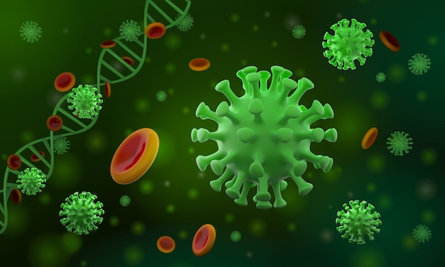 Épidémie de virus corona Covid-19 sous le microscope, cellules flottantes du virus de la grippe de la grippe pathogène respiratoire, virus des lésions pulmonaires, fond d'illustration en rendu 3D.